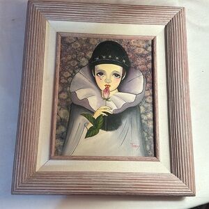 Vintage Original Painting Sad Pierrot Crying Clown With Rose Signed Tory 80's